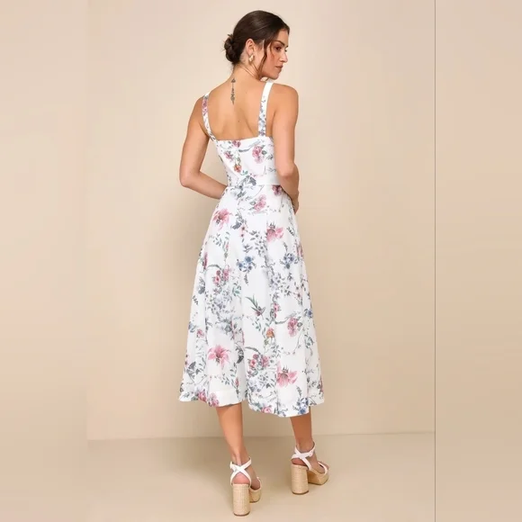 Lulus Sunny Posture Ivory Floral Sleeveless Midi Dress S Wedding Party Vacation - Picture 5 of 10